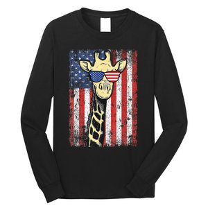 USA Flag Patriotic Giraffe Sunglasses Funny Animal Lover Long Sleeve Shirt