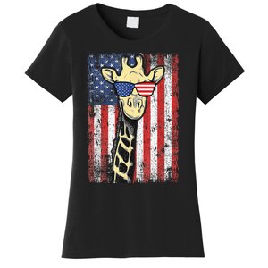 USA Flag Patriotic Giraffe Sunglasses Funny Animal Lover Women's T-Shirt