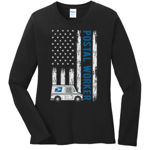 USA Flag Patriotic Postal Worker Mailman Mail Lady Novelty Ladies Long Sleeve Shirt