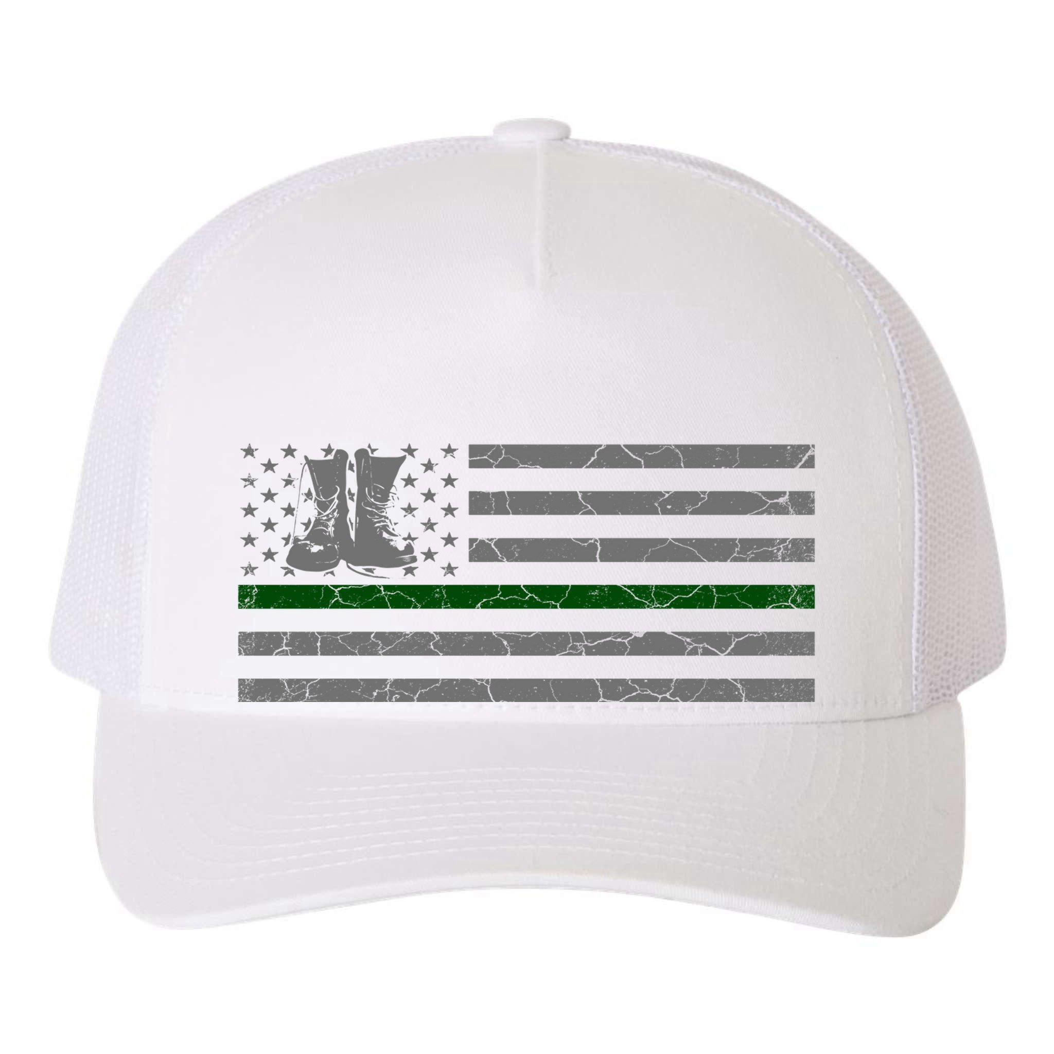US Flag Patriotic Army Boots Yupoong Adult 5-Panel Trucker Hat