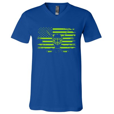 US Flag Patriotic American Hockey Player Ice Hockey V-Neck T-Shirt