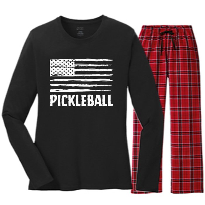 USA Flag Pickleball Vintage Cool Women's Long Sleeve Flannel Pajama Set 