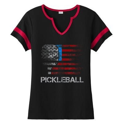 Us Flag Pickleball Player Paddleball Lover Ladies Halftime Notch Neck Tee