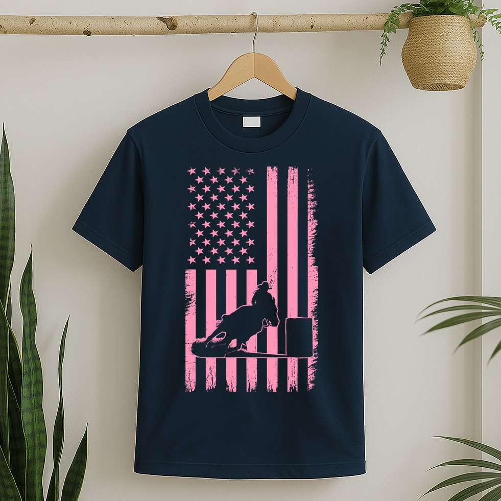 Us Flag Pink Cowgirl Rodeo Western Horse Barrel Racing T-Shirt