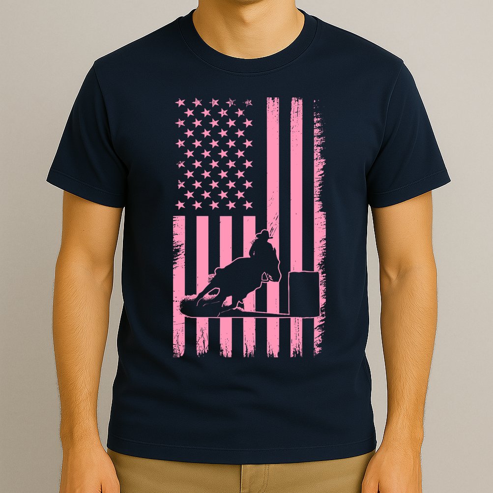 Us Flag Pink Cowgirl Rodeo Western Horse Barrel Racing T-Shirt