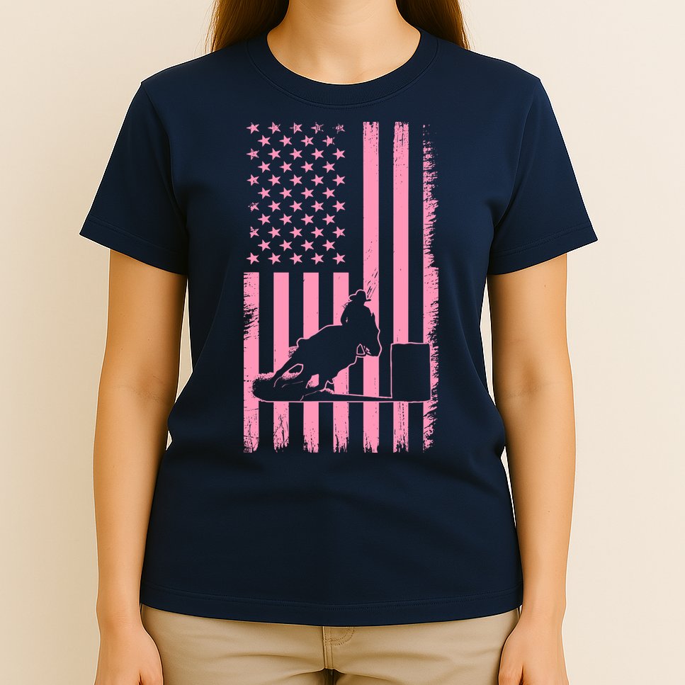 Us Flag Pink Cowgirl Rodeo Western Horse Barrel Racing T-Shirt