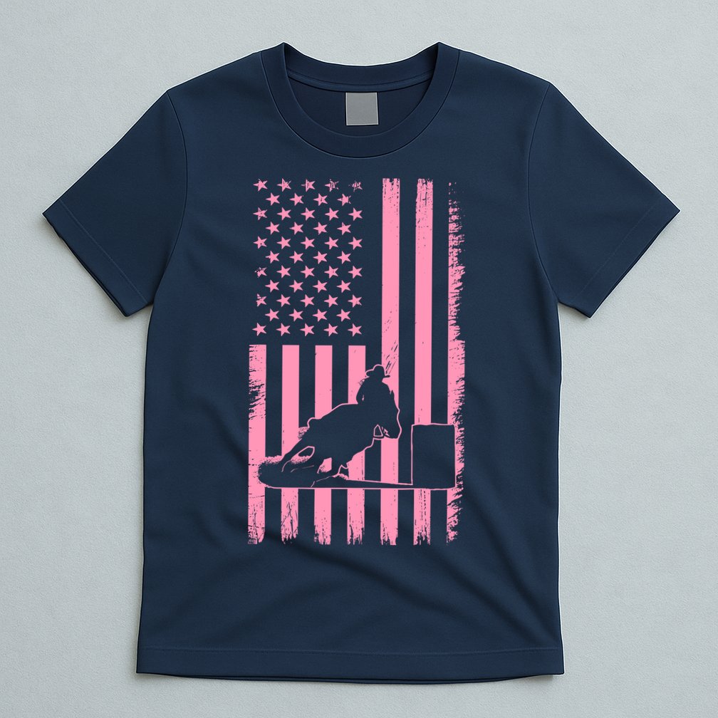 Us Flag Pink Cowgirl Rodeo Western Horse Barrel Racing T-Shirt