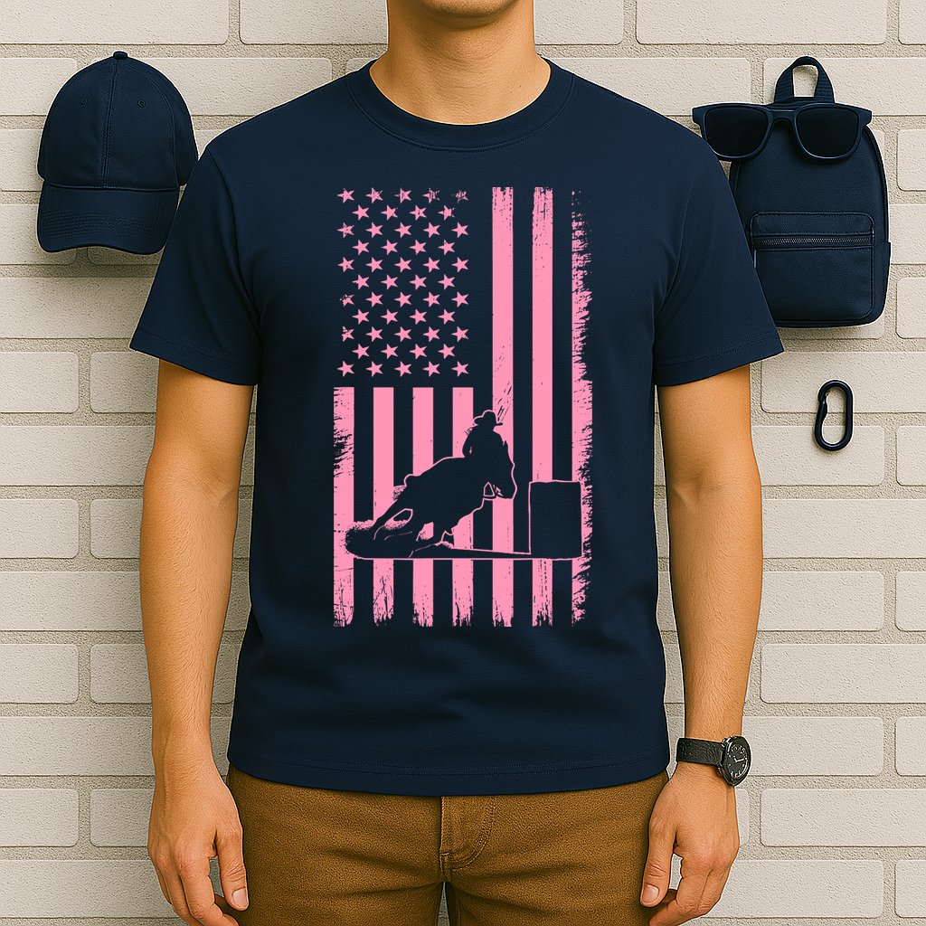 Us Flag Pink Cowgirl Rodeo Western Horse Barrel Racing T-Shirt