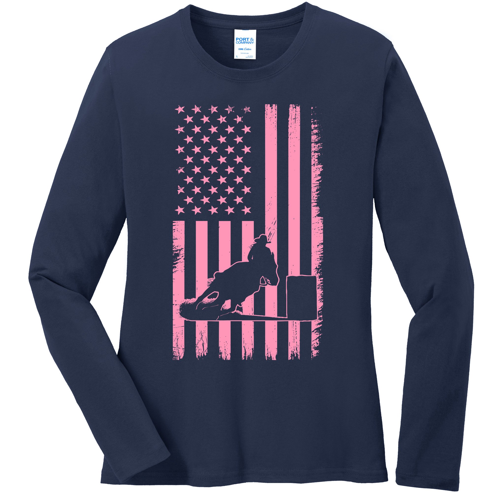 Us Flag Pink Cowgirl Rodeo Western Horse Barrel Racing Ladies Long Sleeve Shirt