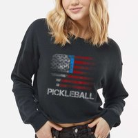 Us Flag Pickleball Player Paddleball Lover Cropped Pullover Crew