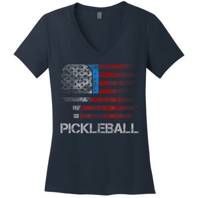 Us Flag Pickleball Player Paddleball Lover Women's V-Neck T-Shirt