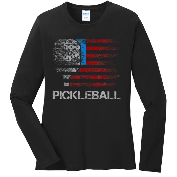 Us Flag Pickleball Player Paddleball Lover Ladies Long Sleeve Shirt