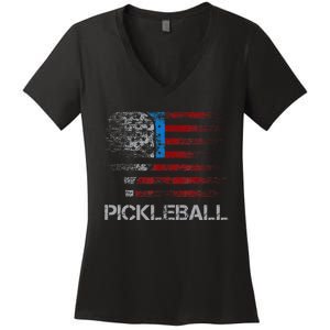 Us Flag Pickleball Player Paddleball Lover Women's V-Neck T-Shirt