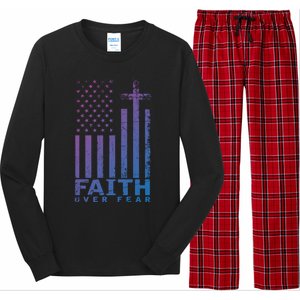 Usa Flag Patriotic American Gift Faith Over Fear Prayer Gift Long Sleeve Pajama Set