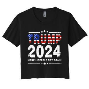 USA Flag President Trump 2024 Make Liberals Cry Again Funny Women's Crop Top Tee