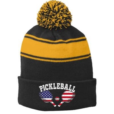 Us Flag Pickleball Player Vintage Pickle Ball Lover Stripe Pom Pom Beanie