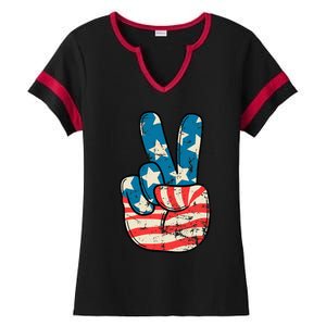 Usa Flag Peace Sign Hand Patriotic Ladies Halftime Notch Neck Tee