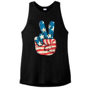 Usa Flag Peace Sign Hand Patriotic Ladies PosiCharge Tri-Blend Wicking Tank