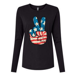 Usa Flag Peace Sign Hand Patriotic Womens Cotton Relaxed Long Sleeve T-Shirt