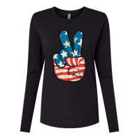 Usa Flag Peace Sign Hand Patriotic Womens Cotton Relaxed Long Sleeve T-Shirt