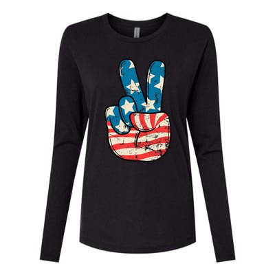 Usa Flag Peace Sign Hand Patriotic Womens Cotton Relaxed Long Sleeve T-Shirt