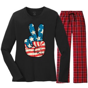 Usa Flag Peace Sign Hand Patriotic Women's Long Sleeve Flannel Pajama Set 