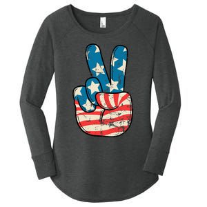 Usa Flag Peace Sign Hand Patriotic Women's Perfect Tri Tunic Long Sleeve Shirt