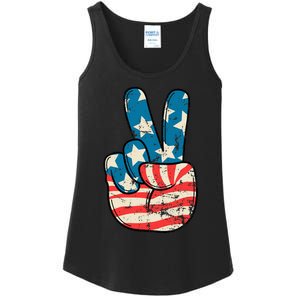 Usa Flag Peace Sign Hand Patriotic Ladies Essential Tank