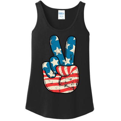 Usa Flag Peace Sign Hand Patriotic Ladies Essential Tank