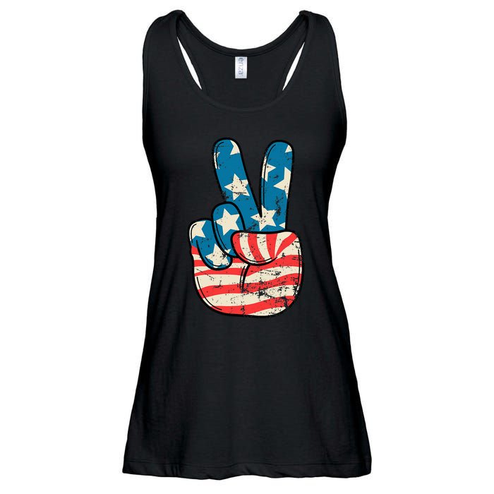 Usa Flag Peace Sign Hand Patriotic Ladies Essential Flowy Tank