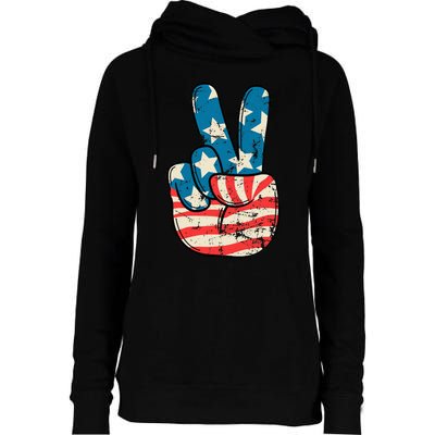 Usa Flag Peace Sign Hand Patriotic Womens Funnel Neck Pullover Hood