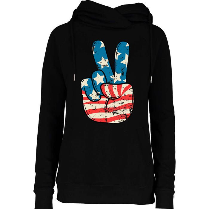 Usa Flag Peace Sign Hand Patriotic Womens Funnel Neck Pullover Hood