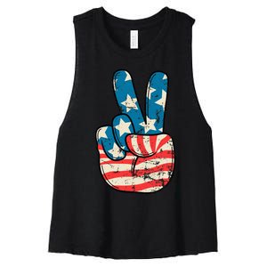 Usa Flag Peace Sign Hand Patriotic Women's Racerback Cropped Tank