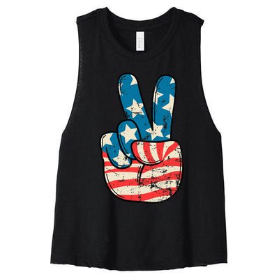 Usa Flag Peace Sign Hand Patriotic Women's Racerback Cropped Tank