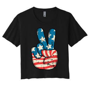 Usa Flag Peace Sign Hand Patriotic Women's Crop Top Tee