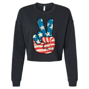 Usa Flag Peace Sign Hand Patriotic Cropped Pullover Crew