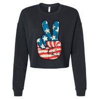 Usa Flag Peace Sign Hand Patriotic Cropped Pullover Crew