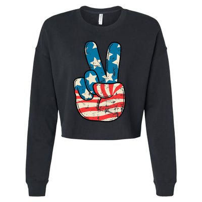 Usa Flag Peace Sign Hand Patriotic Cropped Pullover Crew