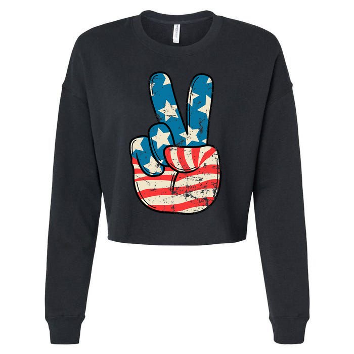 Usa Flag Peace Sign Hand Patriotic Cropped Pullover Crew