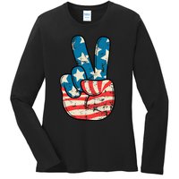 Usa Flag Peace Sign Hand Patriotic Ladies Long Sleeve Shirt