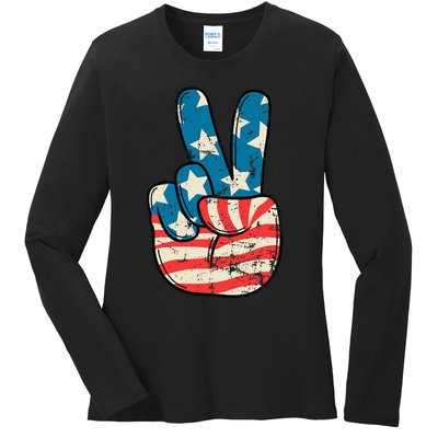 Usa Flag Peace Sign Hand Patriotic Ladies Long Sleeve Shirt