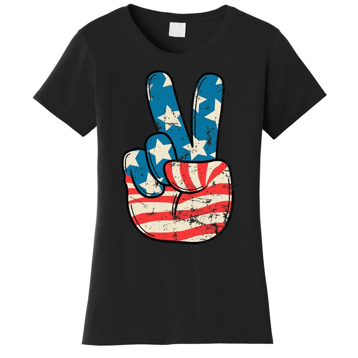 Usa Flag Peace Sign Hand Patriotic Women's T-Shirt