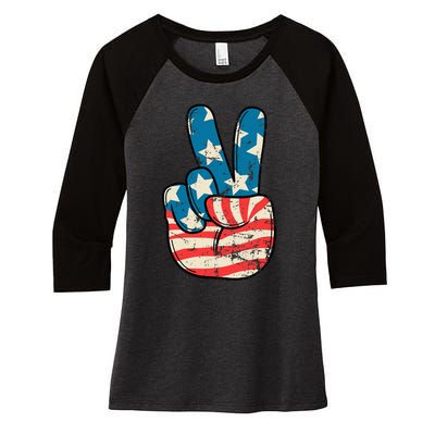 Usa Flag Peace Sign Hand Patriotic Women's Tri-Blend 3/4-Sleeve Raglan Shirt