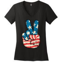 Usa Flag Peace Sign Hand Patriotic Women's V-Neck T-Shirt