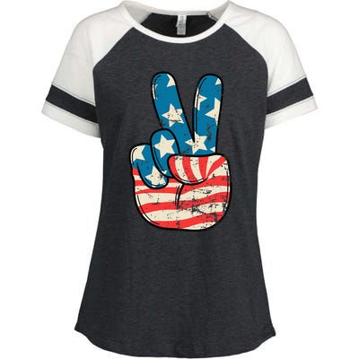 Usa Flag Peace Sign Hand Patriotic Enza Ladies Jersey Colorblock Tee