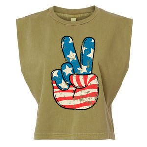 Usa Flag Peace Sign Hand Patriotic Garment-Dyed Women's Muscle Tee