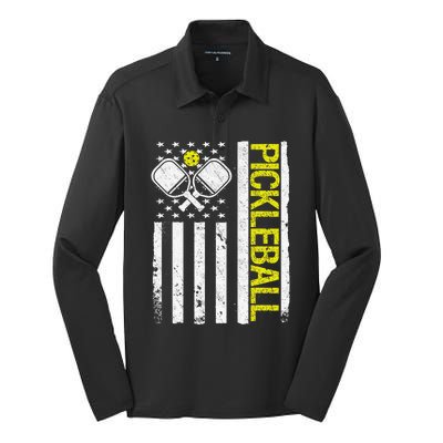 US Flag Pickleball Player Paddleball Lover Silk Touch Performance Long Sleeve Polo