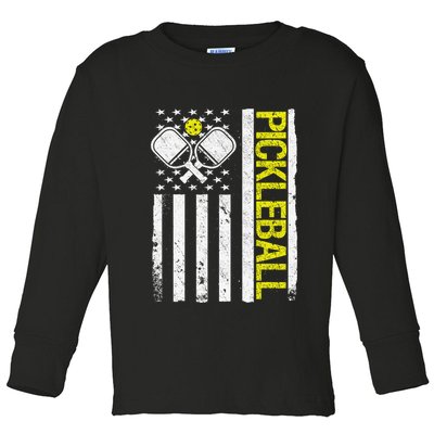 US Flag Pickleball Player Paddleball Lover Toddler Long Sleeve Shirt
