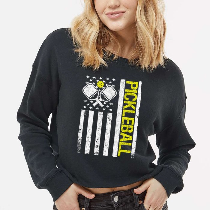US Flag Pickleball Player Paddleball Lover Cropped Pullover Crew