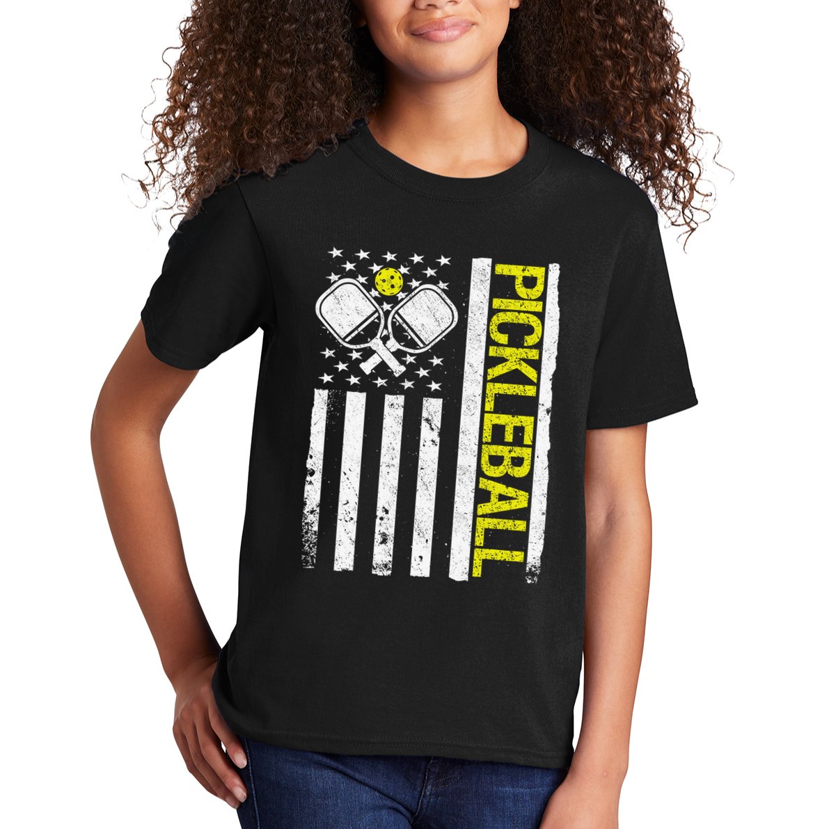 US Flag Pickleball Player Paddleball Lover Kids T-Shirt